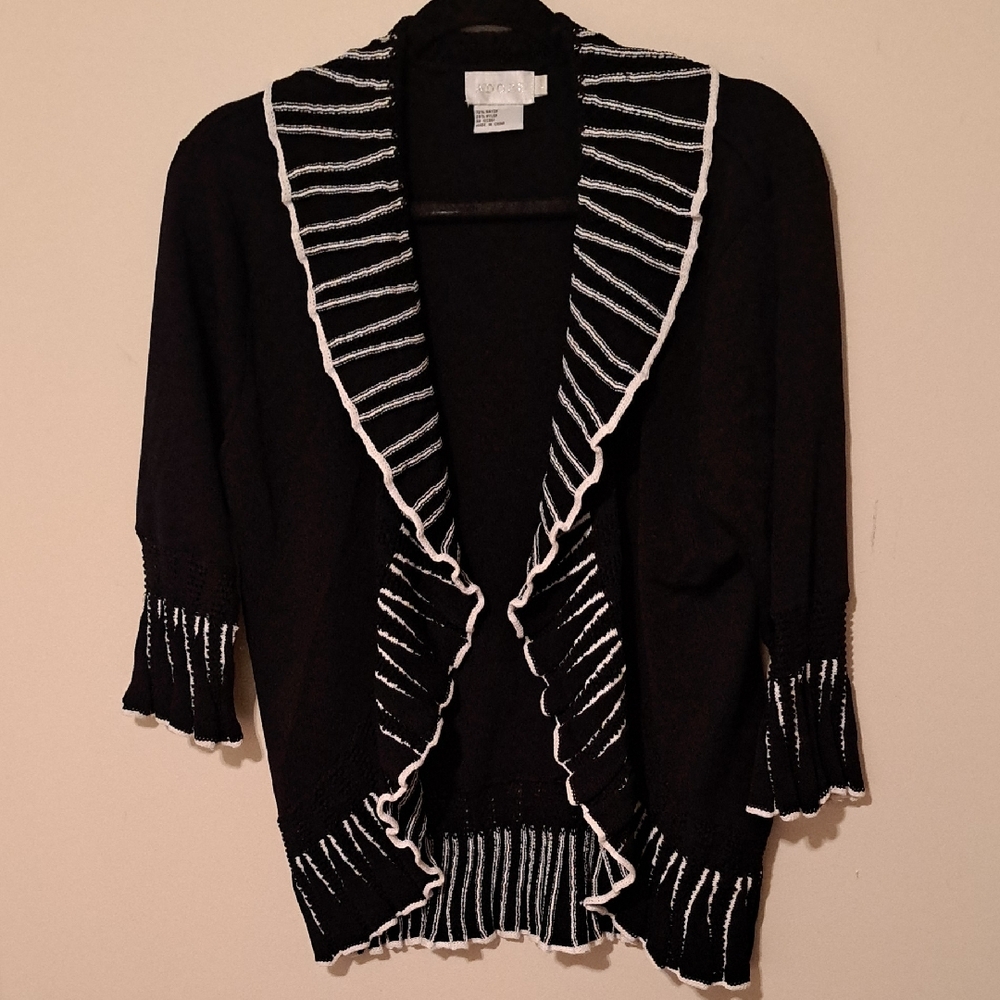 Black Ruffled Open-Front Women's Sweater with White Trim